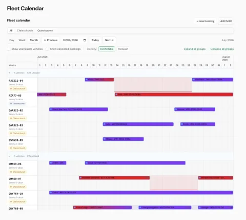 Glovebox fleet calendar showing vehicle rows and booking bars across the timeline